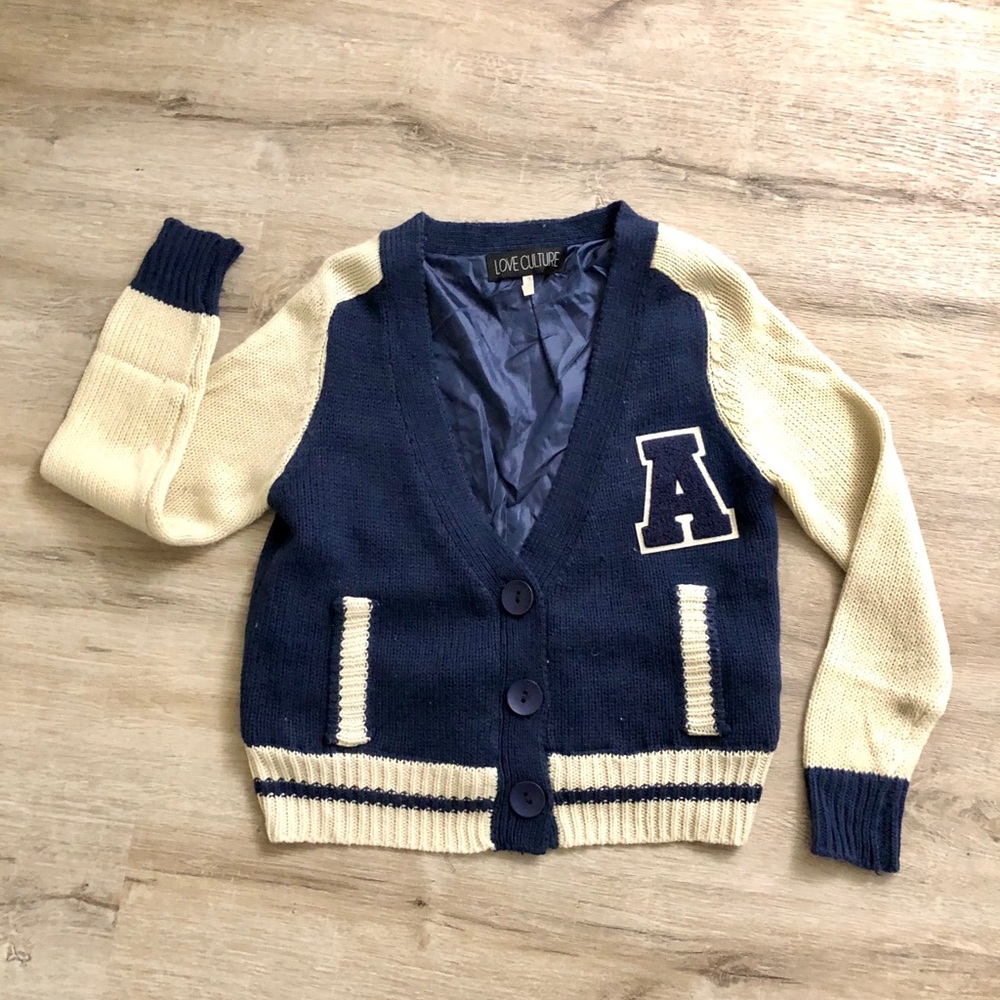 Navy knit letter sweater size S